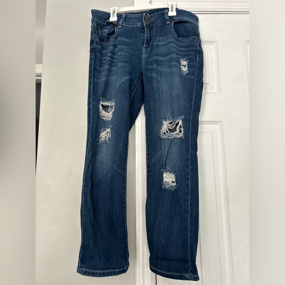 New York & Company Dark Blue Distressed Cropped Boyfriend Jeans